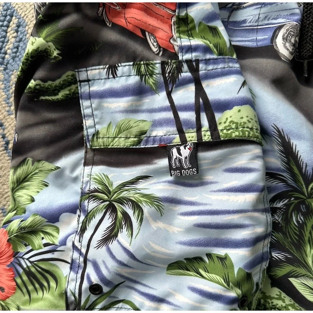 Big Dogs Board Shorts Swim Trunks Boys XL Old Cars Hawaiian Mesh Lined Aloha